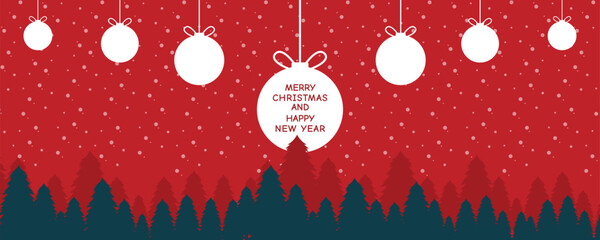 Christmas and Happy New Year greeting card background banner design with balls and tree