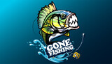 Fototapeta Dinusie - Fishing bass logo. Bass fish with rod club emblem. Fishing theme illustration. Fish Isolated on white.