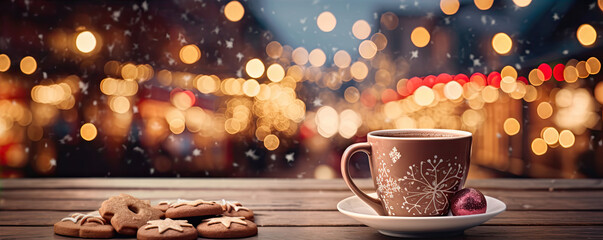 Wall Mural - Christmas cup of the cinnamon tea and cake with decoration on the wooden table .