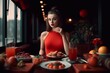 Brunette woman in red dress eating dinner in restaurant. Elegant lady in dinning room with window view. Generate ai