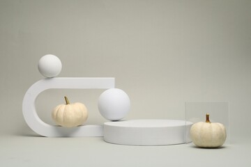 Sticker - Autumn presentation for product. Geometric figures and pumpkins on light grey background