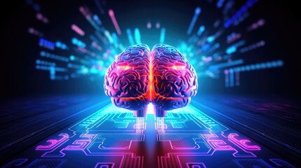 Canvas Print - Human brain on neon glowing digital cyber technology background