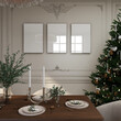 Three frames mockup on wall in christmas dining room. 3 empty canvas mock up with xmas tree and decorations, luxury interior. 3D render