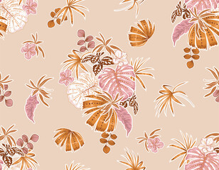 Wall Mural - Hand drawn Stylish Summer Tropical plants and leaves, seamless pattern vector illustrations ,