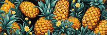 Seamless Exotic Tropical Pattern With Pineapples On Yellow Green Background