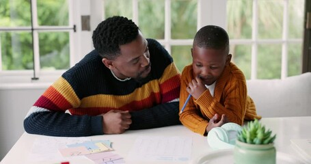 Poster - Black family, writing and father with child for learning, education and creative lesson at home. School, academic and happy dad teaching boy at table write for development, homework and studying