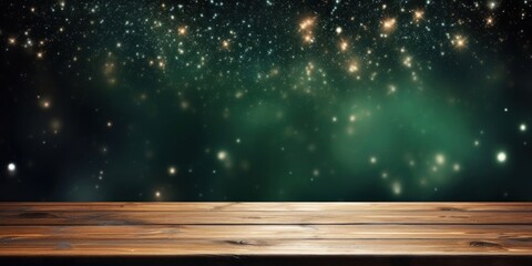 Wall Mural - Empty old wooden table over magic dark green glitter Christmas background