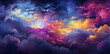 clouds in different colors on a dark background, a computer screen, in the style of airbrush art, yellow and violet, vibrant colorist, color splash, ultra detailed, sky-blue and crimson
