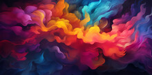 A Colorful Cloud With Different Color Hues, In The Style Of Photorealistic Pastiche, Dark Violet And Yellow, Fluorescent Colors, Light Red And Blue, Vibrant Colorist, Vibrant Skylines