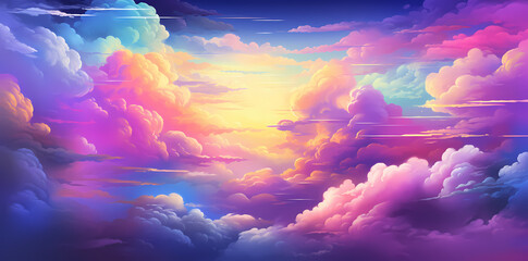 Sticker - a colorful blue background with coloured clouds, in the style of dark magenta and yellow, high detailed, luminescence, chromatic landscape, symbolic-vibrant, colorful pop, cloudcore