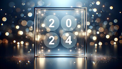 Wall Mural - New year 2024 glass frame with bokeh lights.