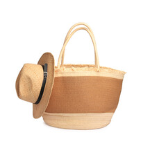 Wall Mural - Stylish straw bag and hat isolated on white. Beach objects