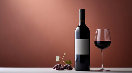 Wall Mural - Red wine bottle with a glass on a simple empty background