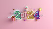 Happy new year 2024 decoration background with neon glass, balloon, gift box, firework rocket, 3D rendering illustration	