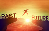 Fototapeta  - Man jumping on cliff Future. Silhouette man jumping between cliff with Past to Future on sunset background. Goals, hopes and aspirations concept. Leap from past to future