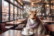 Cute deer sits in a cozy cafe and drinks coffee.Warm knitted scarf.Large branched horns.Cinematic lighting.Lonely waiting