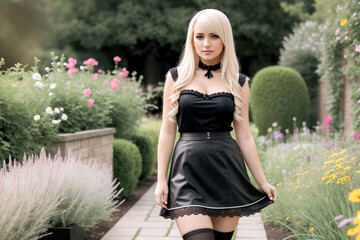 Wall Mural - Young sexy goth woman in a short black dress and black stockings in a summer park.Creative designer fashion glamour art.