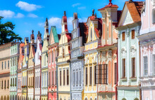 Charming and Colorful Facades by the City Square in the Beautiful City of Telc in the Czech Republic