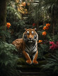 Tiger in the Jungle with Exotic Flowers