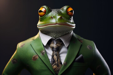 Aufkleber - A picture of a frog dressed in a suit and tie. This image can be used to depict a frog in a formal setting or to represent concepts such as sophistication, elegance, and unexpected attire