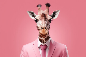 Poster - A picture of a giraffe dressed in a stylish pink suit and tie. This image can be used for various purposes, including fashion, humor, and animal-themed designs