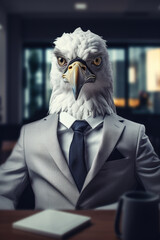 Poster - A bald eagle dressed in a formal suit and tie, suitable for professional and patriotic themes