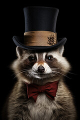Poster - A raccoon dressed in a fancy top hat and bow tie. This image can be used for various creative projects or as a whimsical animal character