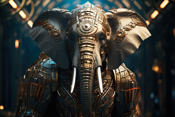 Poster - A picture of a statue of an elephant in a dark room. This image can be used to create a mysterious or exotic atmosphere in various projects