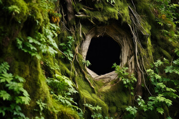 Poster - A moss covered tree trunk with a hole, suitable for nature or environmental themes
