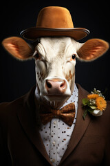 Poster - A picture of a cow dressed in a suit and hat. This image can be used for various purposes, such as illustrating humor, creativity, or even representing a unique concept.