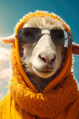 Poster - A sheep wearing sunglasses and a yellow jacket. This playful image is perfect for adding a touch of fun and whimsy to any project