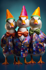 Aufkleber - Three ducks dressed in vibrant and eye-catching outfits. This image can be used to add a touch of whimsy and cheer to various projects.