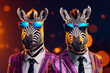 Two zebras dressed up in suits and sunglasses. Perfect for adding a touch of humor and style to any project.