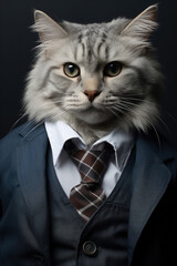 Poster - A gray cat dressed in a suit and tie. This image can be used for various purposes, such as business, fashion, or even humor.