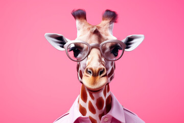 Sticker - A picture of a giraffe wearing glasses and a pink shirt. This image can be used for various purposes.