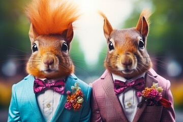 Poster - Two squirrels dressed in suits and bow ties. Perfect for adding a touch of whimsy to your projects or for nature-themed designs.