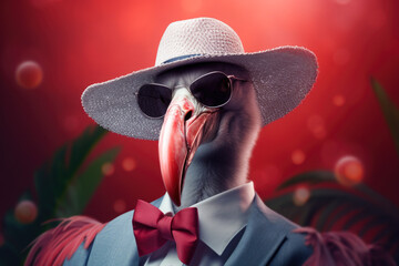 Poster - A picture of a bird wearing a hat and sunglasses. This image can be used to add a touch of humor or whimsy to any project.