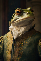 Poster - A picture of a frog dressed in a green and gold outfit. This image can be used to add a touch of whimsy and fun to various projects.