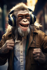 Poster - A man wearing a monkey mask and headphones. This image can be used for various purposes.