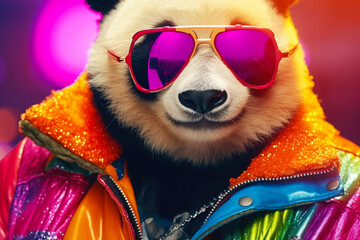 Poster - A cool and stylish panda bear wearing sunglasses and a jacket. This image can be used to add a fun and fashionable touch to various designs and projects.