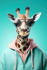 Poster - A unique and playful image of a giraffe wearing sunglasses and a hoodie. Perfect for adding a fun and trendy touch to any project or design.