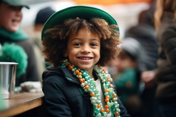 Wall Mural - Afro boy wearing green clothes participating in Saint Patrick's Day parade in Irish town.