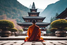 Monk Sitting Comfortably In Lotus Position In Front Of A Wooden Temple In The Mountains, India, Nature, Serenity, Peace Of Mind