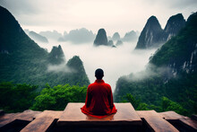 Monk Sitting Comfortably In Lotus Position In Front Of The Mountains In India, Meditation, Nature, Serenity, Peace Of Mind