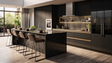Fototapeta  - a modern kitchen with black cabinets and stainless-steel appliances and a large island counter