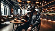 A Man Wearing A Skull Mask And Headphones, While Enjoying A Cup Of Coffee At A Café.