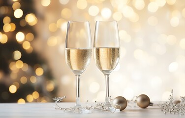 champagne flutes on white holiday table decor with bokeh background soft light for new year and christmas holiday celebration card decor