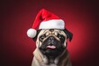 pug dog wearing santa claus hat on red background xmas fun