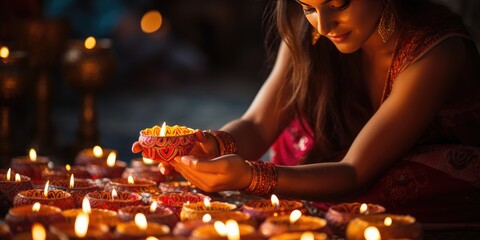 Wall Mural -  woman with oil lamp during Diwali. Festival Holiday background. Diwali with rangoli, Generative AI