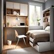 a multi-functional bedroom with a fold-down desk and hidden storage for a versatile space